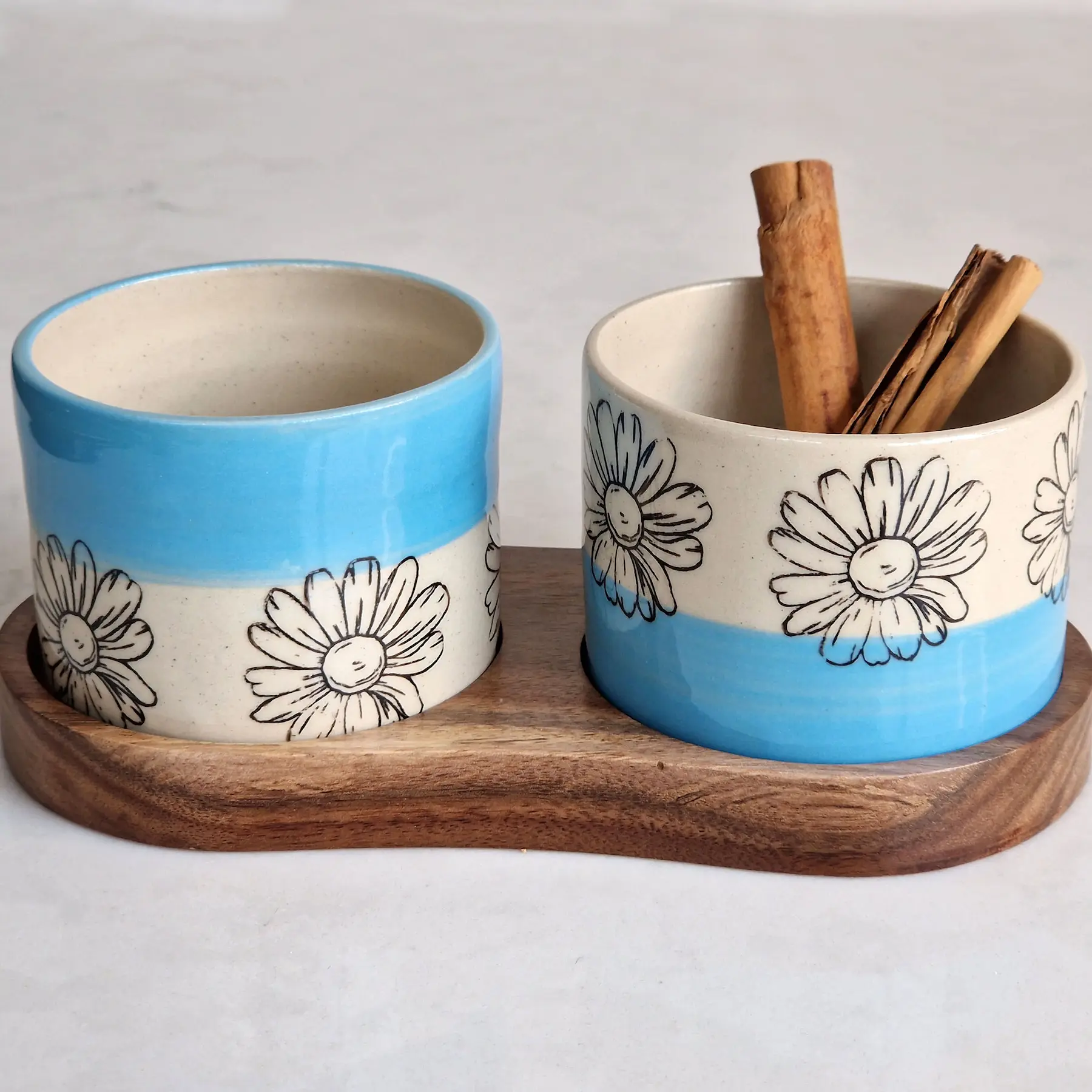 Handmade Ceramic Snack Set with Wooden Serving Tray