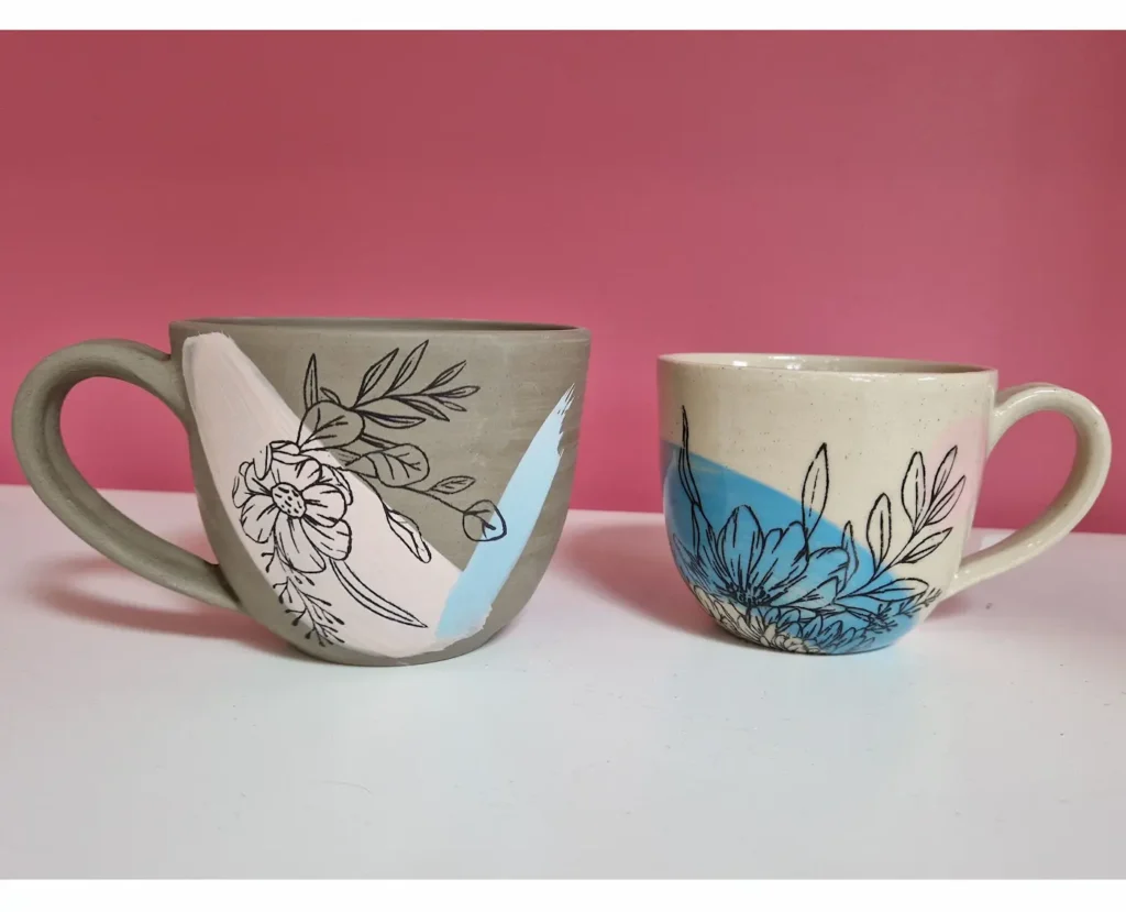 Comparison of a raw clay mug and a fired ceramic mug showing natural clay shrinkage. The end of the Throwing Journey.